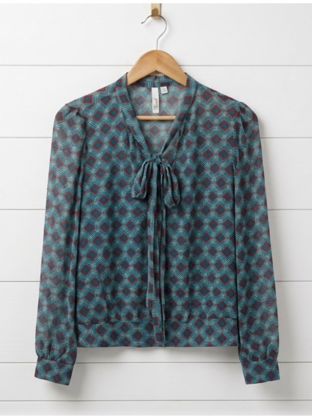 Fossil Teal Geometric Sheer Blouse with Red Accents